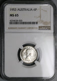 1953 NGC MS 65 Australia 6 Pence Elizabeth II Key Date Gem Silver Coin (17011701D)