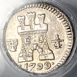 1799 PCGS AU 55 Bolivia 1/4 Real Charles IV Spain Colonial Lion Coin (25120701C)