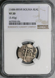 1684 NGC VF 20 Bolivia Cob 1 Real Potosi Charles II Spain Colonial Silver Coin (23052701C)