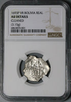 1693 NGC AU Bolivia Cob 1 Real Potosi Spain Colonial Silver Coin POP 2/0 (23121601C)