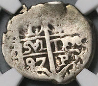 1697 NGC VF 20 Bolivia Cob 1 Real Potosi Charles II Colonial Silver Coin (23052702C)