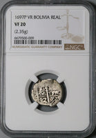 1697 NGC VF 20 Bolivia Cob 1 Real Potosi Charles II Colonial Silver Coin (23052702C)