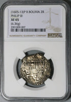 1605 NGC XF 45 Bolivia Cob 2 Reales Philip III Potosi Colonial Coin POP 1/2 (23121601D)