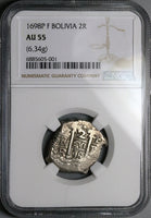1698 NGC AU 55 Bolivia Cob 2 Reales Potosi Charles II Colonial Silver Coin`POP 1/0 (25090602C)