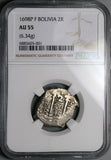 1698 NGC AU 55 Bolivia Cob 2 Reales Potosi Charles II Colonial Silver Coin`POP 1/0 (25090602C)