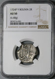 1724 NGC AU 50 Bolivia Cob 2 Reales Potosi Philip V Colonial Silver Coin POP 1/0 (23051001C)