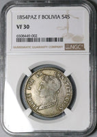 1854-Paz NGC VF 30 Bolivia 4 Soles La Pax Mint Alpaca Palm Tree Silver Coin (23081902C)