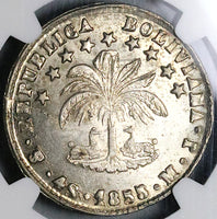 1855 NGC MS 62 Bolivia 4 Soles Potosi Alpaca Palm Tree Silver Coin (23060201C)