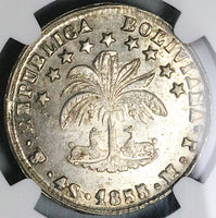 1855 NGC MS 62 Bolivia 4 Soles Potosi Alpaca Palm Tree Silver Coin (23060201C)
