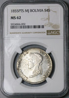 1855 NGC MS 62 Bolivia 4 Soles Potosi Alpaca Palm Tree Silver Coin (23060201C)