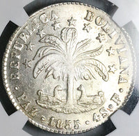 1854-Paz NGC MS 62 Bolivia 4 Soles La Paz Mint Alpaca Palm Tree Silver Coin POP 6/3 (25042803D)