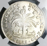 1854-Paz NGC MS 62 Bolivia 4 Soles La Paz Mint Alpaca Palm Tree Silver Coin POP 6/3 (25042803D)