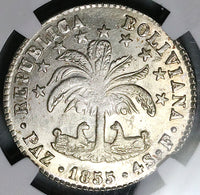 1854-Paz NGC MS 62 Bolivia 4 Soles La Paz Mint Alpaca Palm Tree Silver Coin POP 6/3 (25042803D)