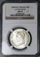1854-Paz NGC MS 62 Bolivia 4 Soles La Paz Mint Alpaca Palm Tree Silver Coin POP 6/3 (25042803D)