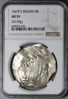 1667 NGC AU 55 Bolivia 8 Reales Cob Spain Charles II Colonial Silver Coin POP 1/0 (25081201C)
