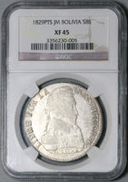 1829 NGC XF 45 Bolivia 8 Soles Bolivar Potosi Alpaca Silver Coin (23080301C)