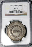 1834 NGC AU 55 Brazil 1200 Reis Pedro II Crown Rare Silver Coin 891 (26051701D)