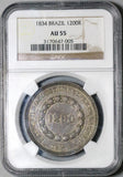 1834 NGC AU 55 Brazil 1200 Reis Pedro II Crown Rare Silver Coin Mintage only 891 (26053102C)
