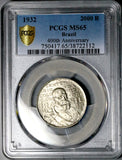 1932 PCGS MS 65 Brazil 2000 Reis 400 Years Colonization Commemorative Silver Coin (26061903C)