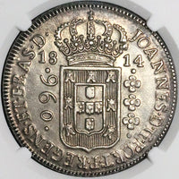 1814-B NGC AU 58 Brazil 960 Reis Overstruck Mexico 8 Reales 1811 Coin (23050701C)