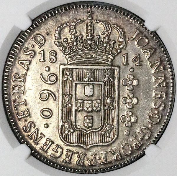 1814-B NGC AU 58 Brazil 960 Reis Overstruck Mexico 8 Reales 1811 Coin (23050701C)