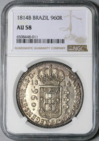 1814-B NGC AU 58 Brazil 960 Reis Overstruck Mexico 8 Reales 1811 Coin (23050701C)