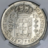 1815-R NGC UNC Brazil 960 Reis Rio Mint Overstruck Spain Colonial 8 Reales Silver Coin (26051604C)