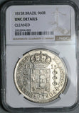1815-R NGC UNC Brazil 960 Reis Rio Mint Overstruck Spain Colonial 8 Reales Silver Coin (26051604C)