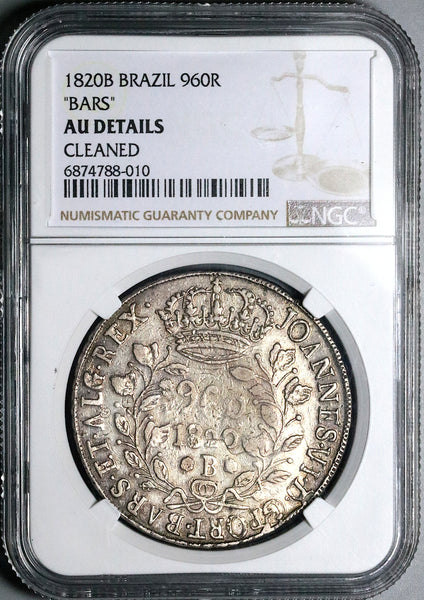 1820-B NGC AU Brazil 960 Reis Overstruck Mexico 8 Reales
