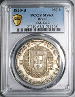 1820-B PCGS MS 63 Brazil 960 Reis Over Struck Peru 1814 8 Reales Silver Coin (21063002D)