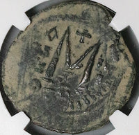 584 NGC Maurice Tiberius Byzantine Empire Follis Over Struck Year 3 (24070703C)