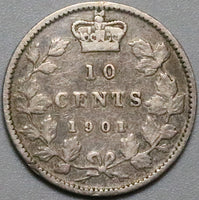1901 Canada Victoria 10 Cents VF Sterling Silver Coin (23100802R)