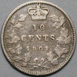 1901 Canada Victoria 10 Cents VF Sterling Silver Coin (23100802R)