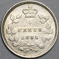 1891 Canada Victoria 5 Cents XF Sterling Silver Coin (23092203R)
