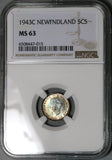 1943-C NGC MS 63 Canada Newfoundland 5 Cents George VI Silver Coin (23050803C)