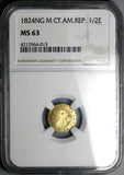 1824-NG NGC MS 63 Central American Republic 1/2 Escudo Guatemala Gold Coin POP 8/4 (24041701D)