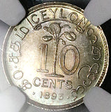 1893 NGC MS 66 Ceylon Victoria 10 Cents Britain Gem Silver Coin Pop 5/0 (25071001C)