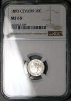 1893 NGC MS 66 Ceylon Victoria 10 Cents Britain Gem Silver Coin Pop 5/0 (25071001C)