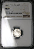1893 NGC MS 66 Ceylon Victoria 10 Cents Britain Gem Silver Coin Pop 5/0 (25071001C)