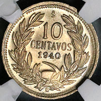1940 NGC MS 64 Chile 10 Centavos Condor Bird Santiago Mint State Coin (24070204C)