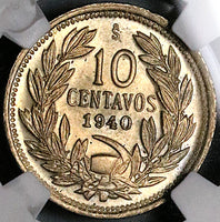 1940 NGC MS 64 Chile 10 Centavos Condor Bird Santiago Mint State Coin (24070204C)