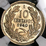 1940 NGC MS 64 Chile 10 Centavos Condor Bird Santiago Mint State Coin (24070204C)