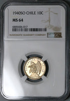 1940 NGC MS 64 Chile 10 Centavos Condor Bird Santiago Mint State Coin (24070204C)