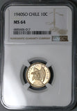 1940 NGC MS 64 Chile 10 Centavos Condor Bird Santiago Mint State Coin (24070204C)