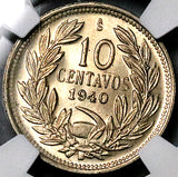 1940 NGC MS 64 Chile 10 Centavos Condor Bird Santiago Mint State Coin (25070601C)