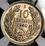 1940 NGC MS 64 Chile 10 Centavos Condor Bird Santiago Mint State Coin (25070601C)