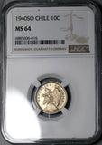 1940 NGC MS 64 Chile 10 Centavos Condor Bird Santiago Mint State Coin (25070601C)