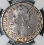 1799 NGC VF 30 Chile 2 Reales Charles IV Rare Inverted Mint Mark Spain Colony Silver Coin (26072004C)