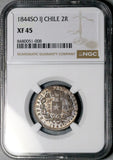 1844 NGC XF 45 Chile 2 Reales Condor Bird Silver Coin (26070403C)