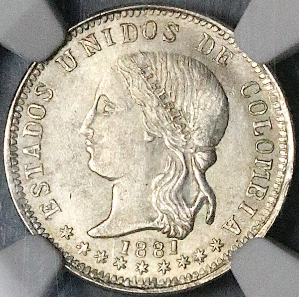 1881 NGC MS 64 Colombia 10 Centavos Bogota Mint 20k Silver Coin (23042301D)